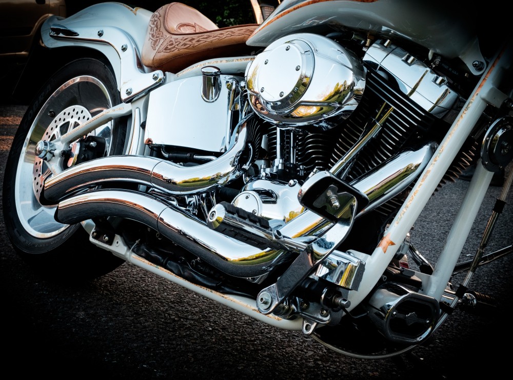 A view of the chrome highlights of a motorcycle